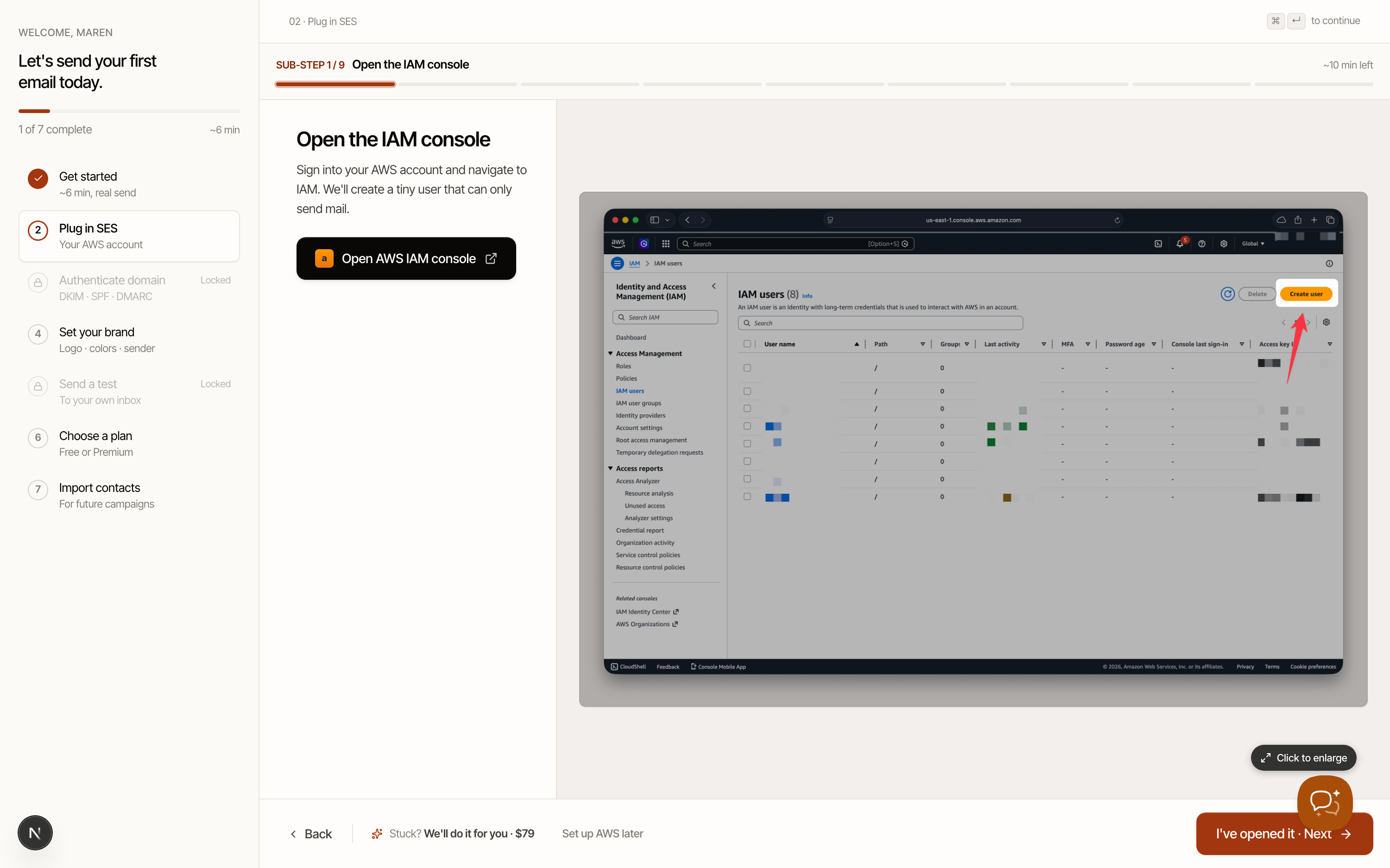 The guided Plug in SES walkthrough — an annotated AWS console screenshot beside each step