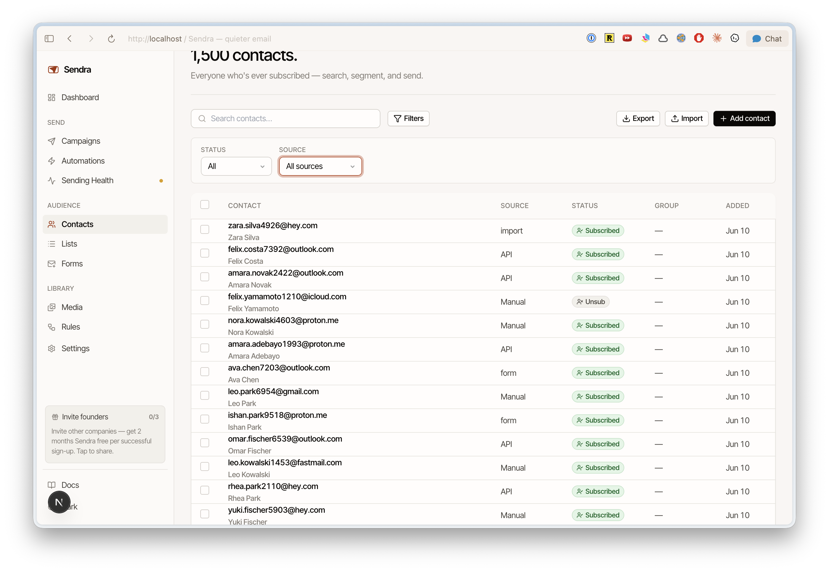 Contacts list view with search, filters, and contact details