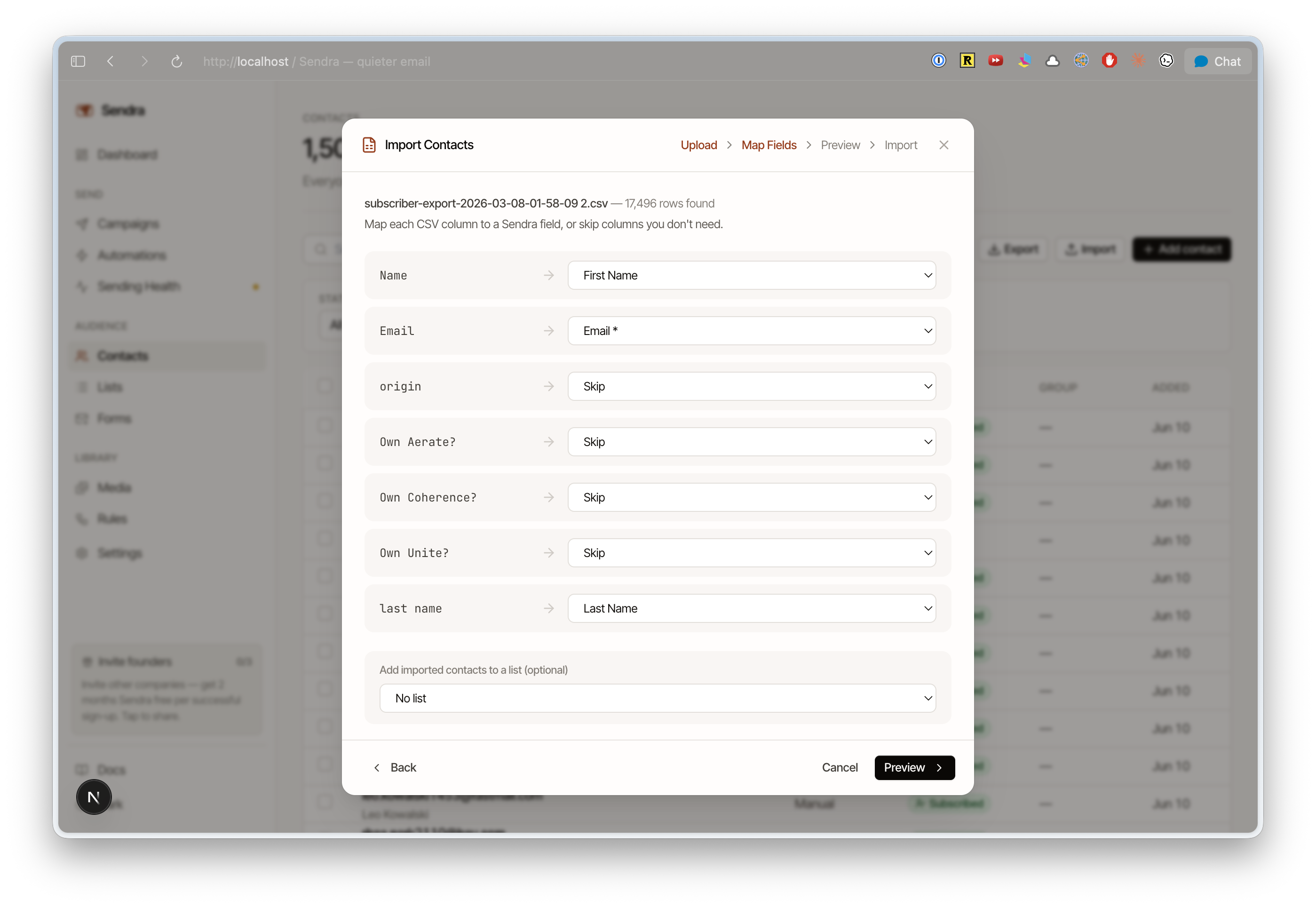 CSV import progress showing mapped columns and import summary