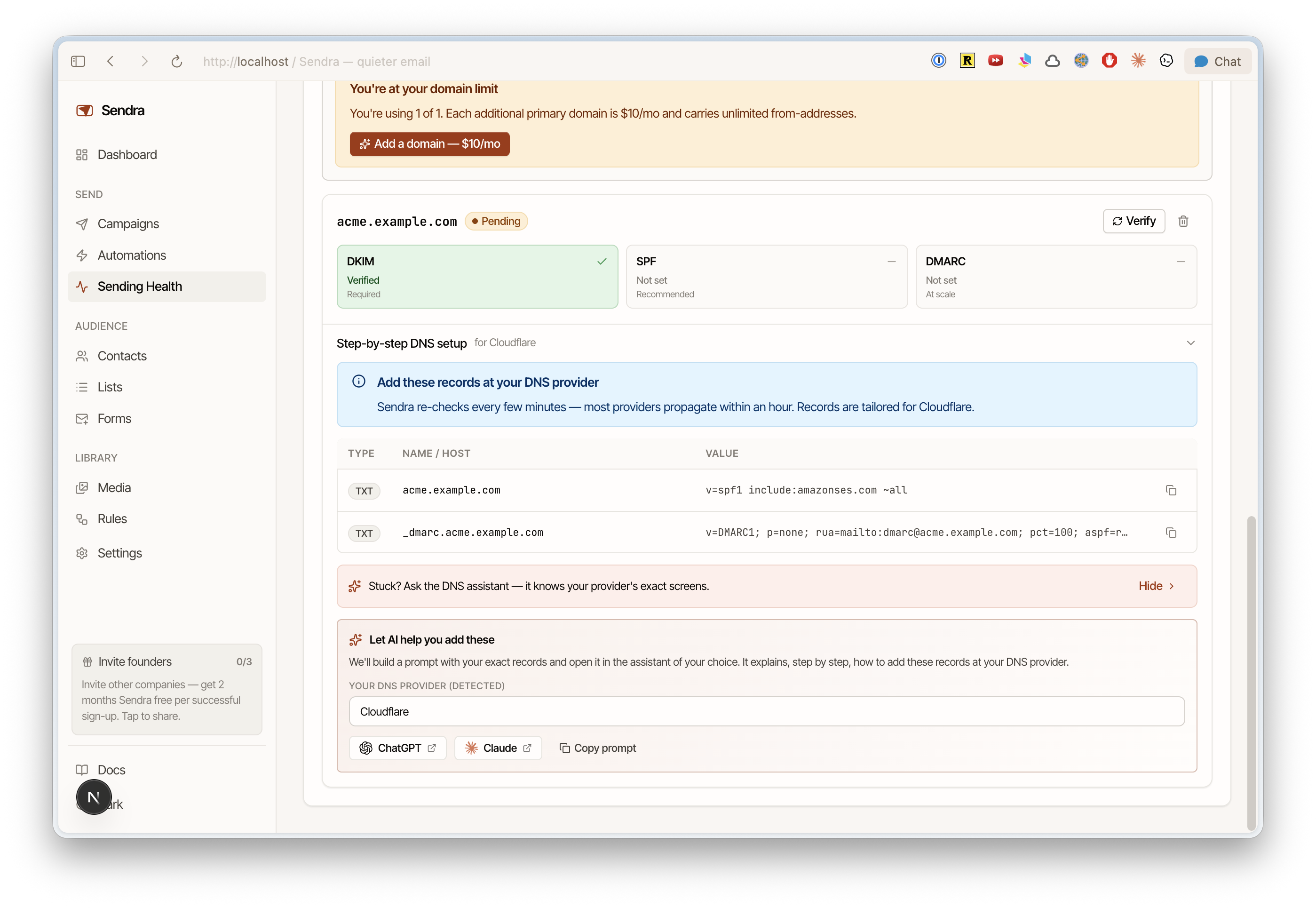 Domain verification page showing DNS records to add and verification status