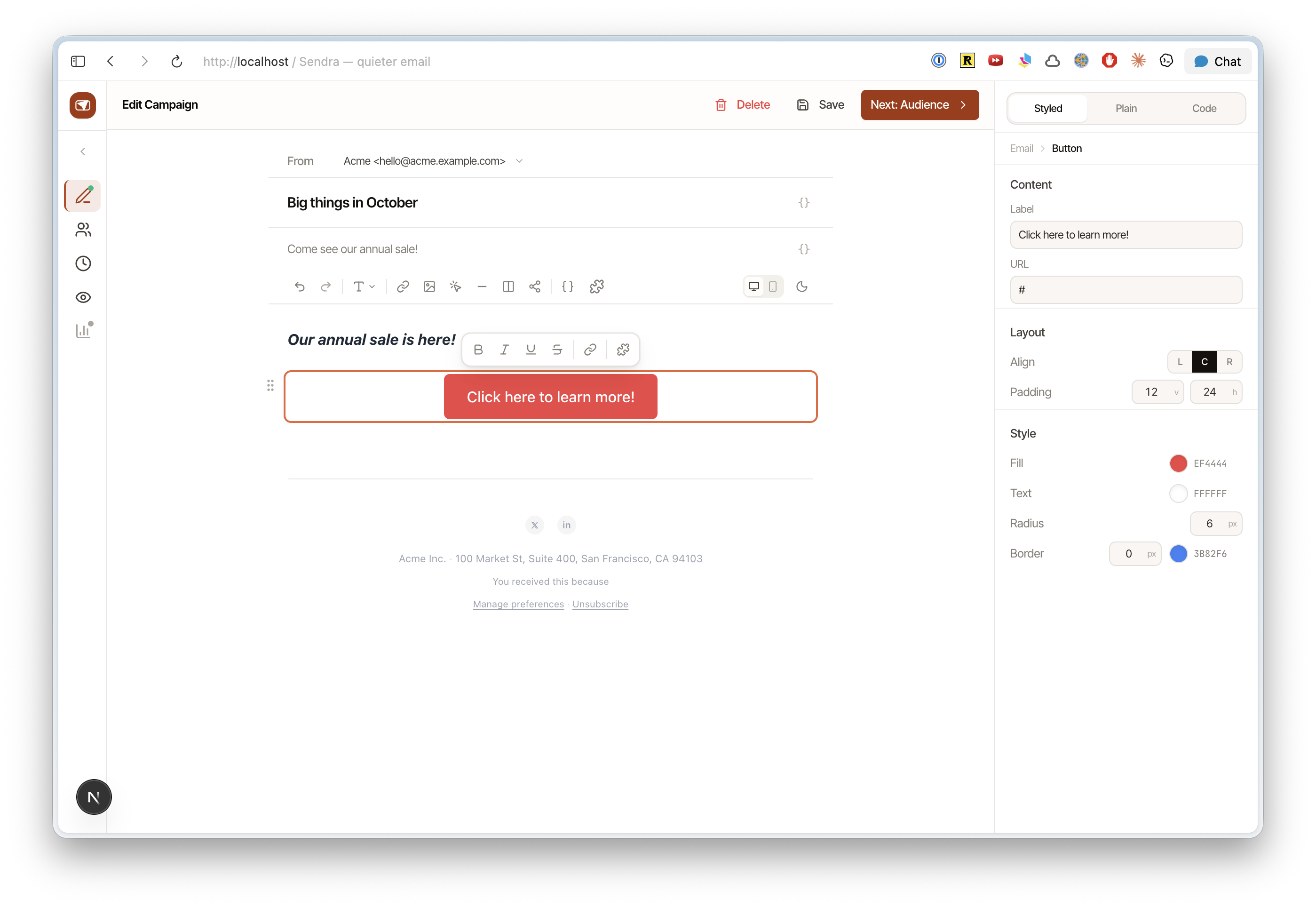 Drag handle visible on hover, reordering email blocks