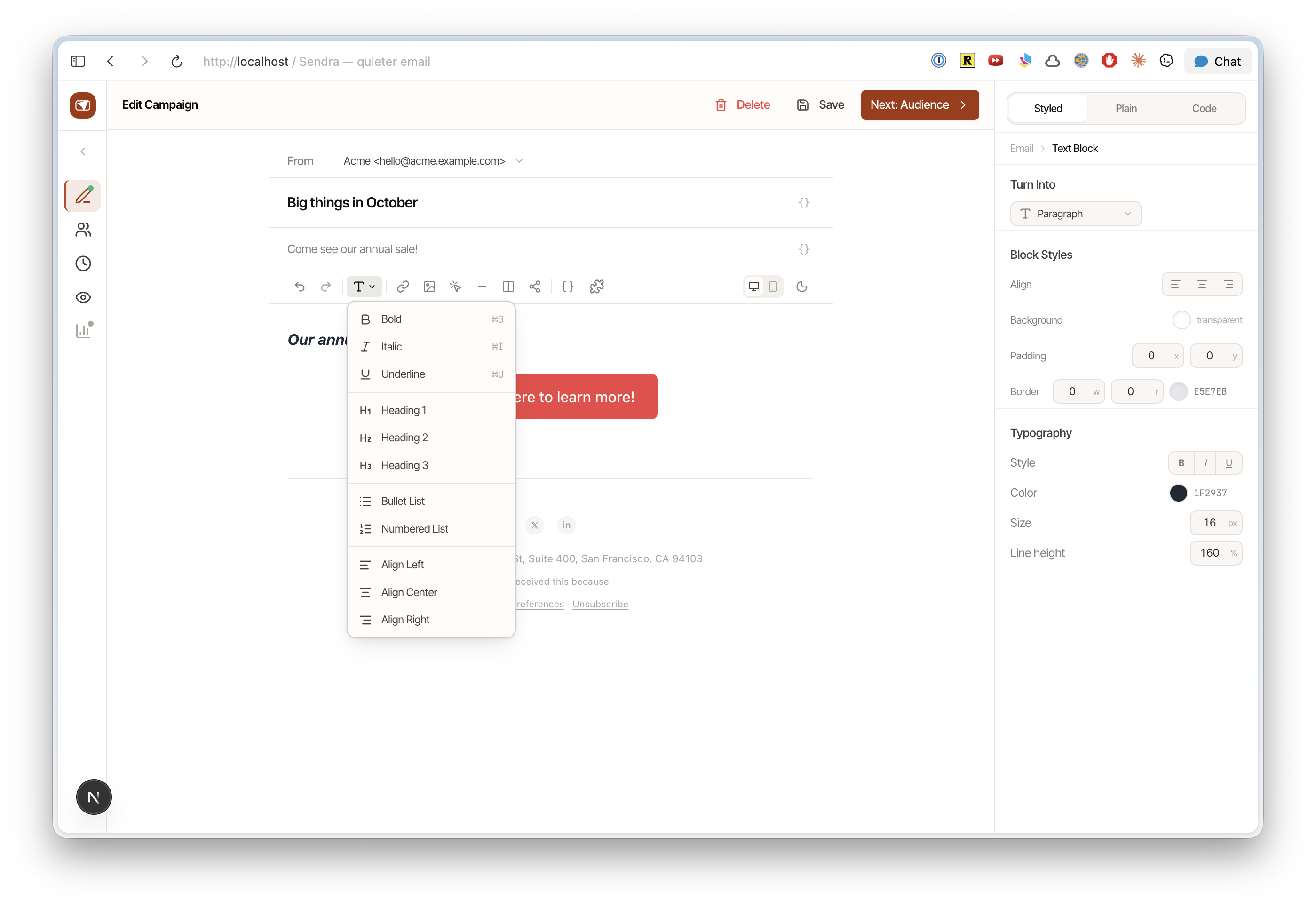 Email editor showing rich text formatting toolbar and content blocks
