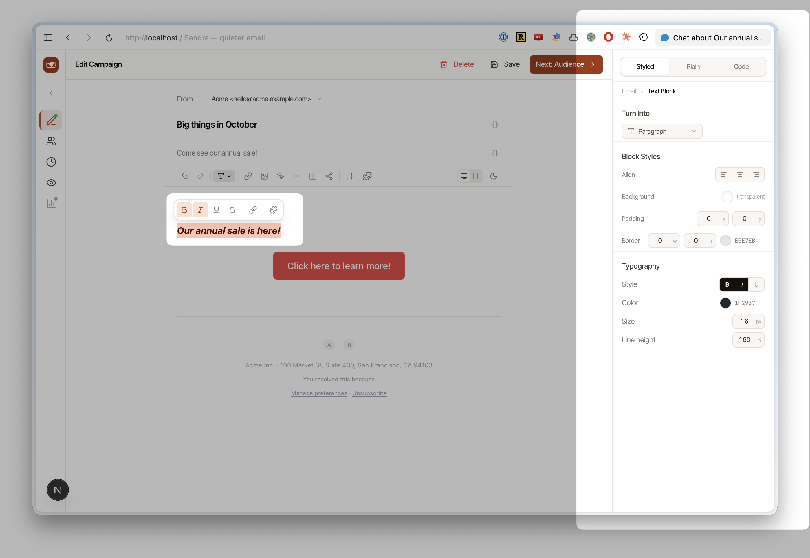 Email settings panel showing body, background, text, button, and divider controls