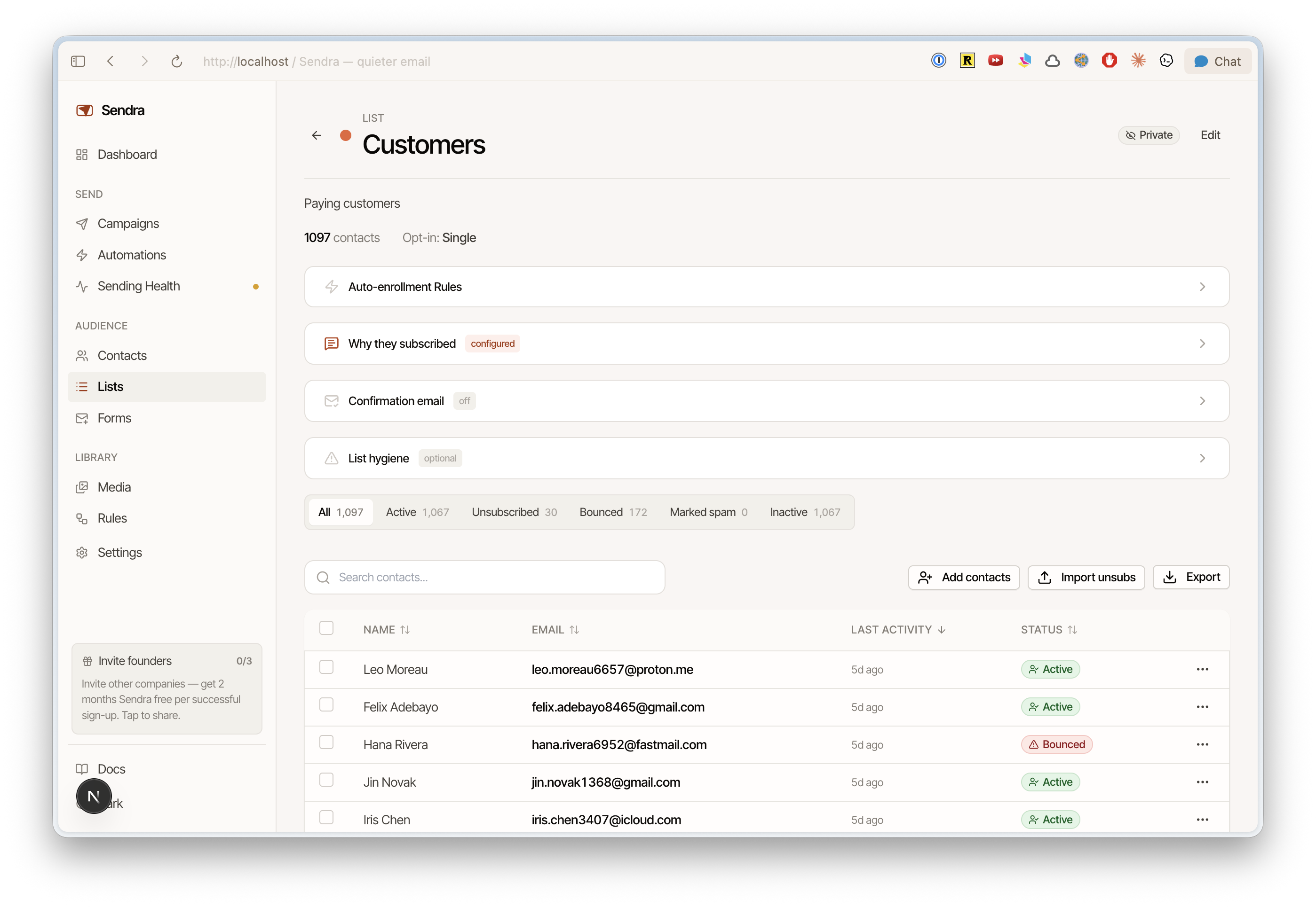 List detail page showing members, settings, and auto-rules