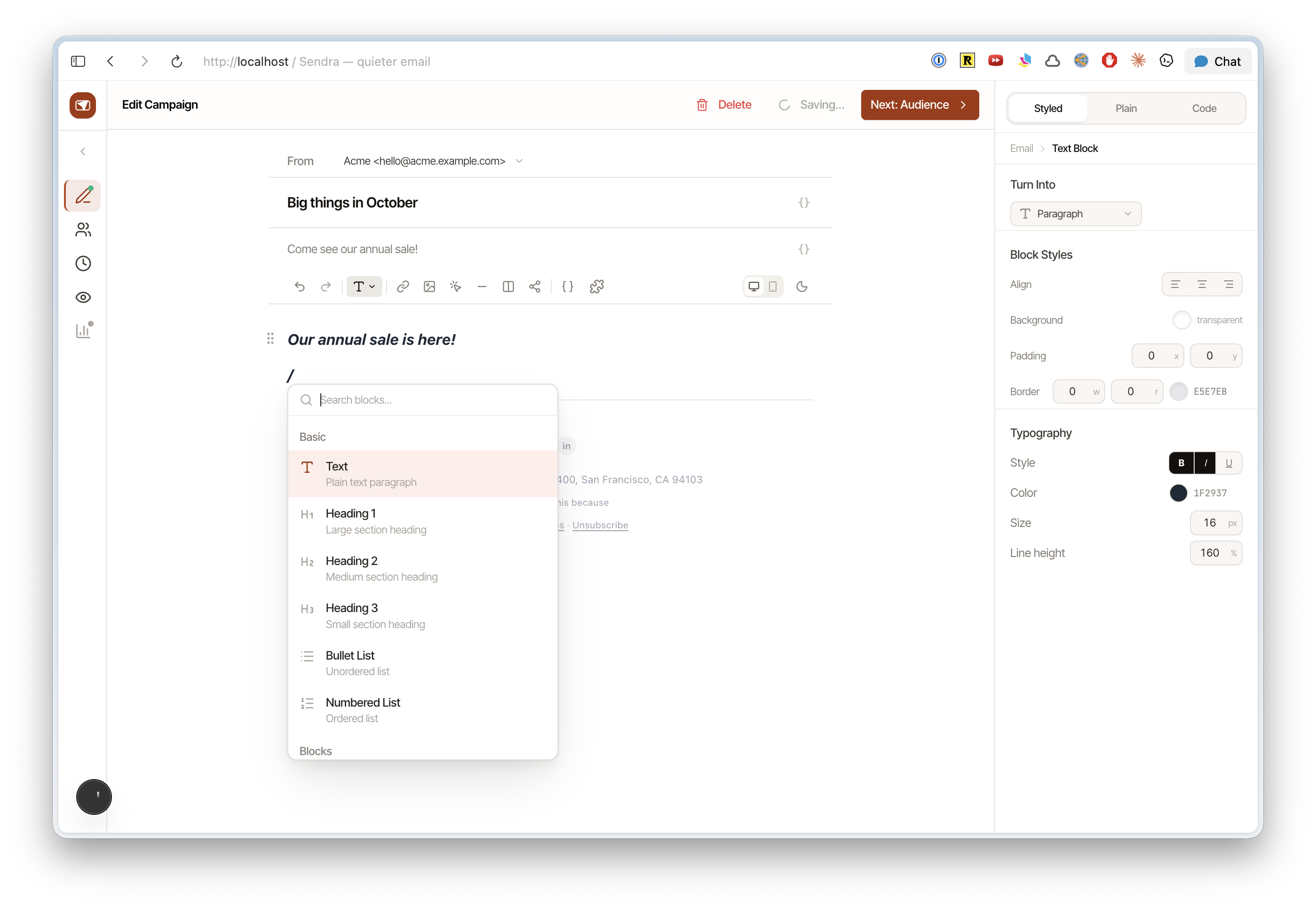 Campaign editor with visual email builder and slash command menu