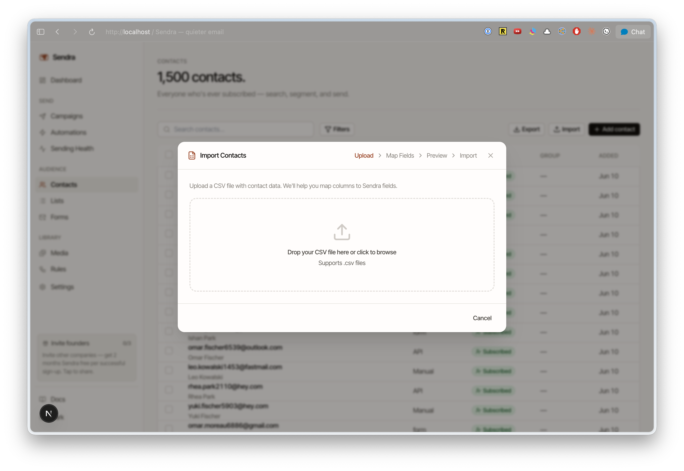CSV import dialog with column mapping