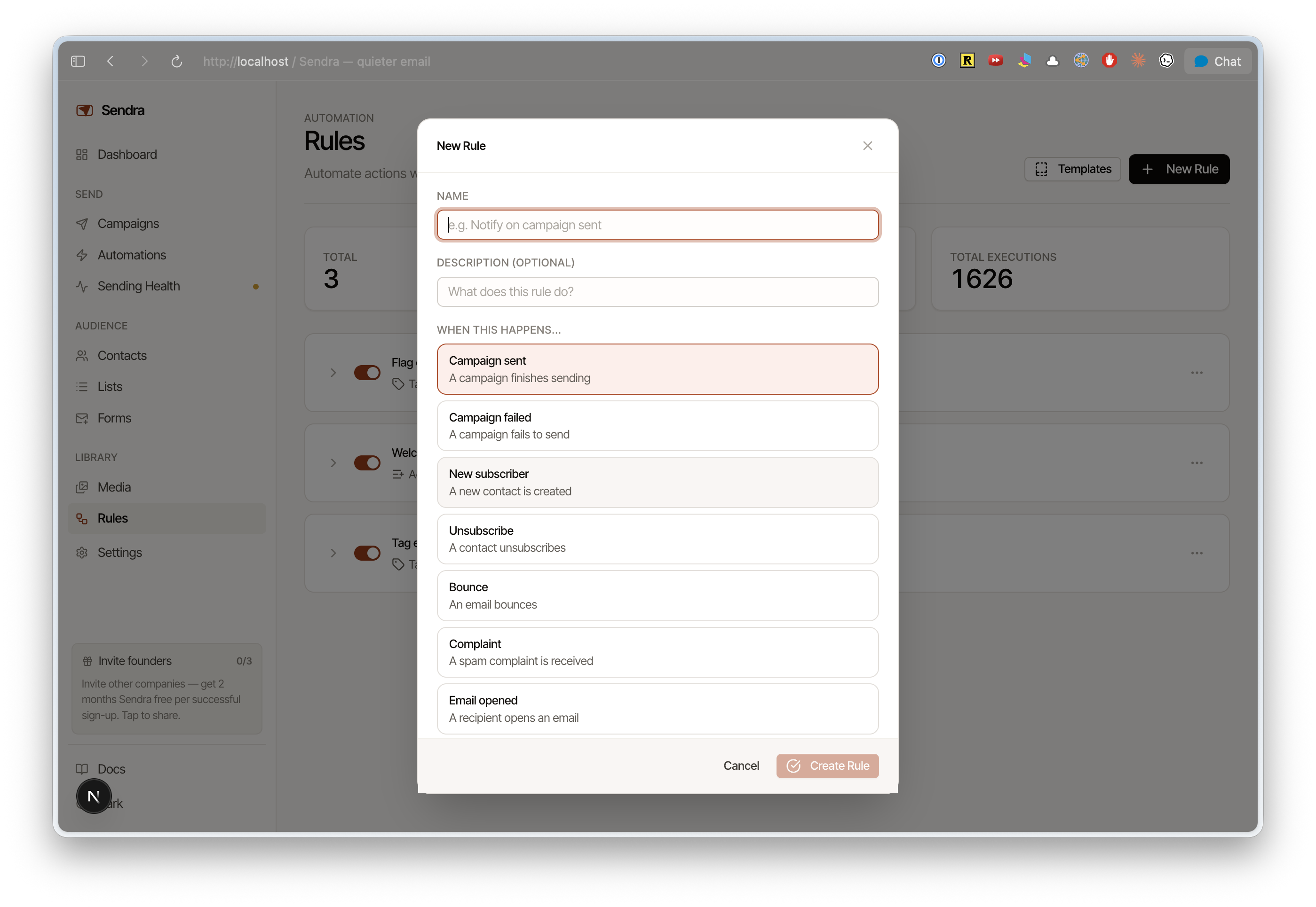Rule builder with trigger, conditions, and actions configuration