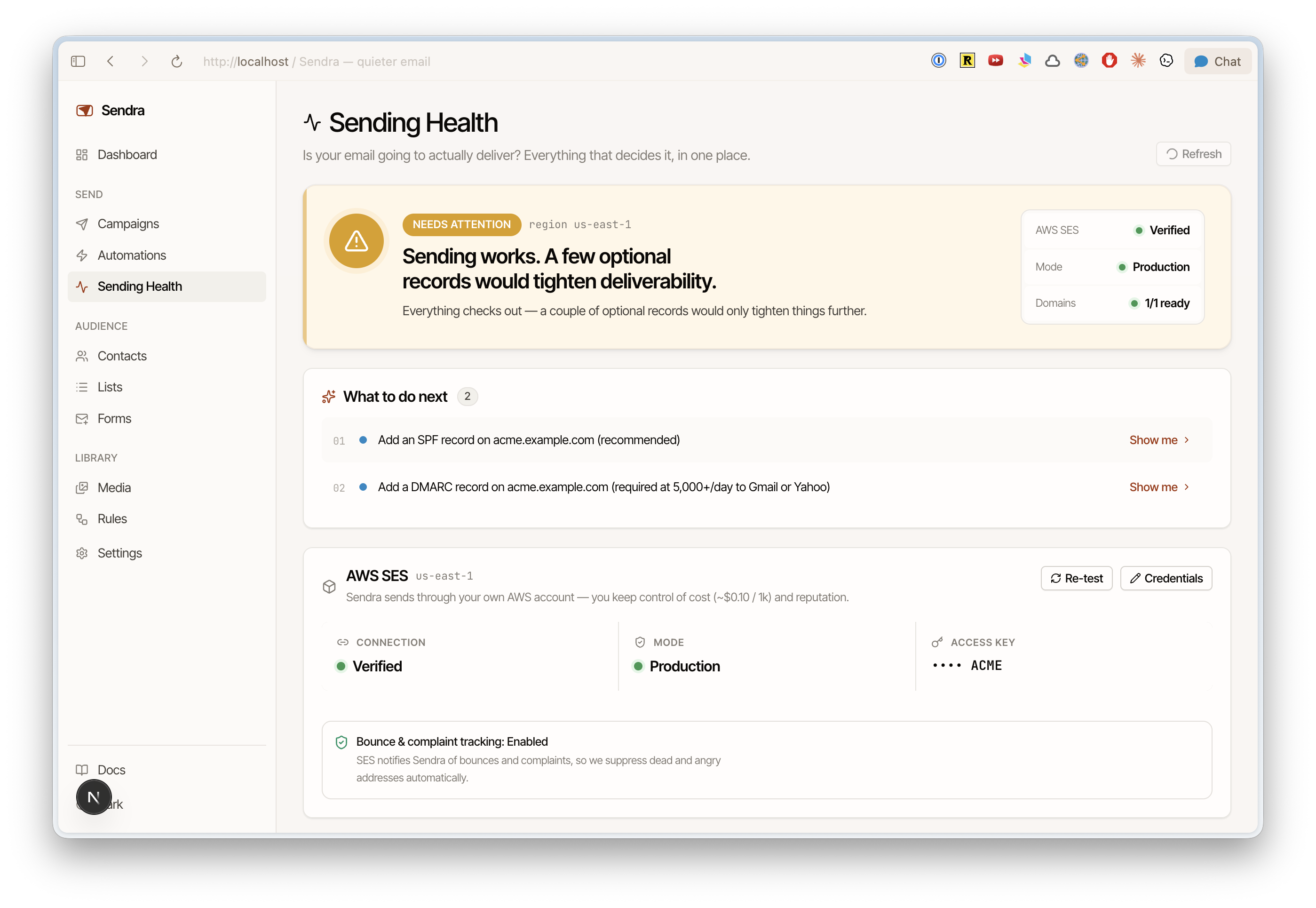 Sending Health page with a green status hero, quota strip, and at-a-glance grid for SES, mode, and domains